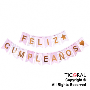 BANDERIN FELIZ CUMPLEA?OS DISE?OS TONOS ROSA PASTEL x 1